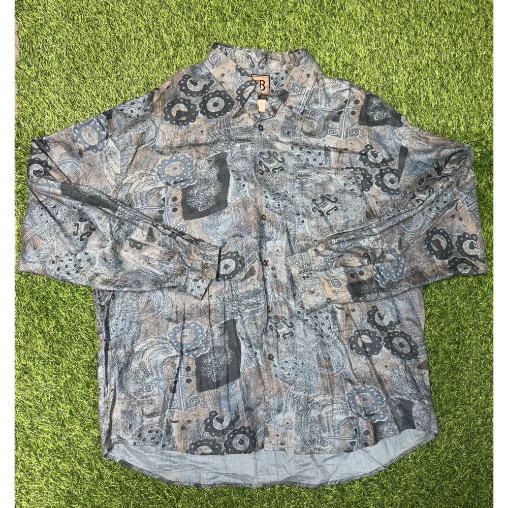 Vintage Bruno B 100% Linen Abstract Blue Button Down Shirt Men's: XL